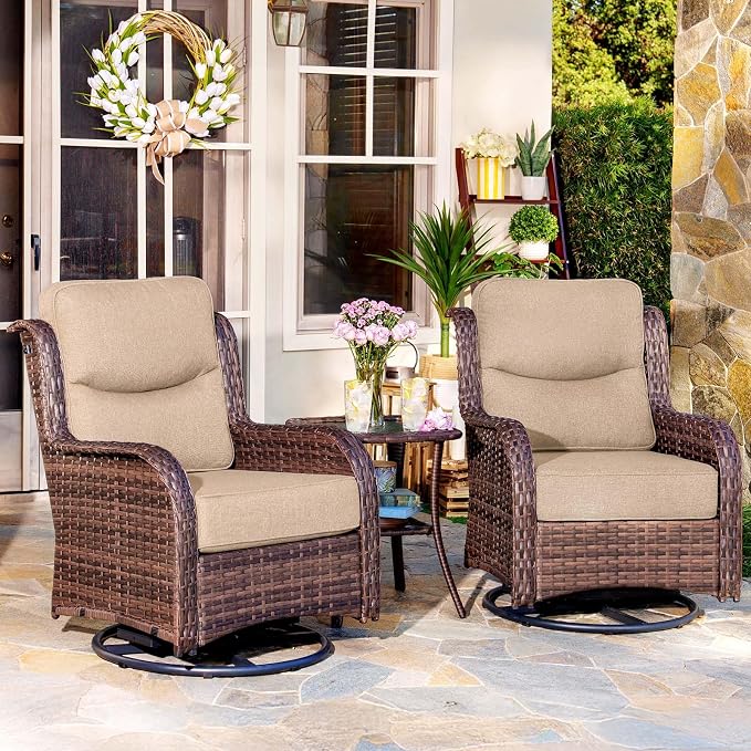 HILLGA 3-Piece Luxury Patio Furniture Set with 6" Thick Cushions, Weather-Resistant Wicker High Back Swivel Rocker Chairs, Senior-Friendly Conversation Set for Small Porch, Deck and Sunroom, Beige(V2)