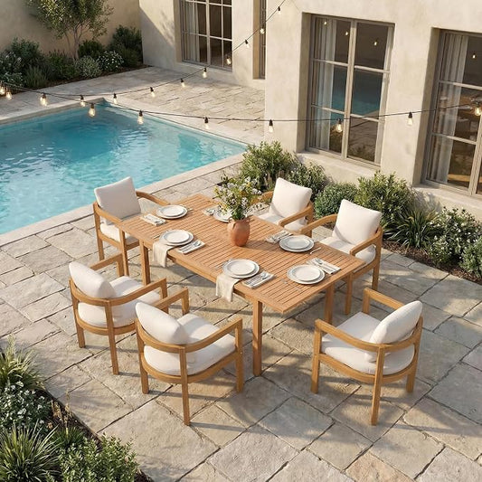 SUNSITT 7-Piece Outdoor Patio Dining Set, 59" - 79" Acacia Wood Expandable Outdoor Table Set and 6 Curved Patio Arm Chairs w/Removable Cushions for Backyard, Porch, Deck