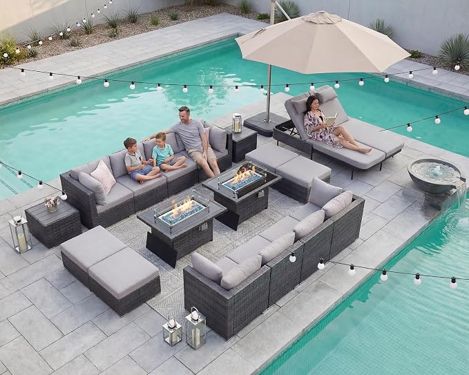 NICESOUL 18 Piece Patio Furniture Set with Fire Pit, Luxury Large Size Outdoor Patio Set with Fire Pit and Lounger, Extra Large 14-Seater Wide Deep High Back Outdoor Seating Sectional, Grey