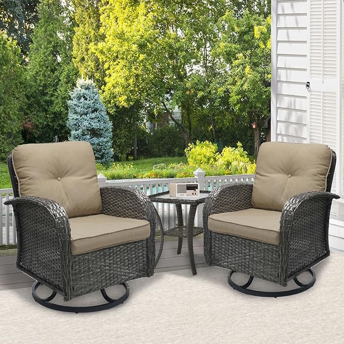 SHGJ&SOFT 3 Piece Patio Furniture Set, 2 Outdoor Swivel Rocking Chairs with Side Table, Wicker Glider Chairs, All-Weather Rattan Bistro Set for Porch, Deck, Pool (Brown, Grey Full-Weave Rattan)