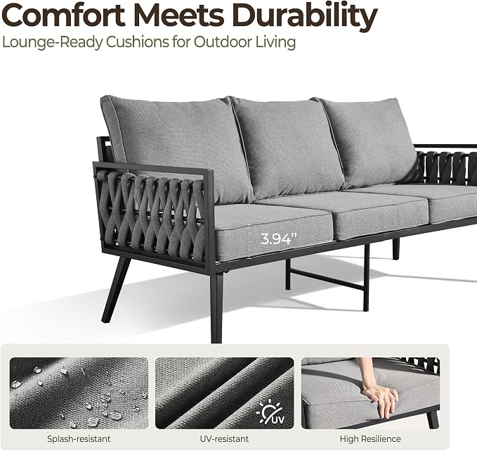 Outdoor Patio Furniture Set, 6-Piece Metal Conversation Furniture Sofa with Coffee Table, All Weather Patio Couch Sofa with Thick Cushions for Balcony Backyard,Dark Grey