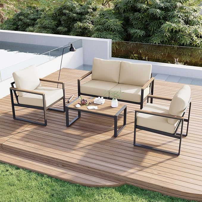 Aoxun Patio Furniture Set, 4 Piece Outdoor Patio Furniture with Thick Cushions, Modern Metal Outdoor Conversation Sets with Coffee Table for Porch, Balcony, Deck Beige