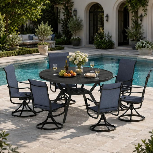7 Piece Patio Dining Set for 6 Swivel Chairs and 47” Round Metal Table with Umbrella Hole, All Weather Patio Dining Furniture Set for Deck Lawn Backyard, Black Table and Navy Blue Chairs Set