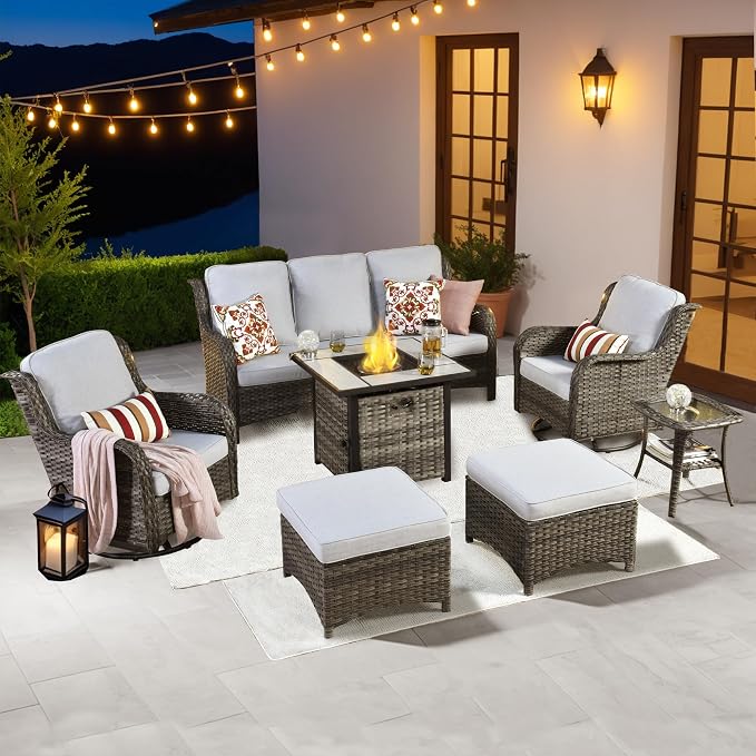 ovios 7 Pieces Patio Furniture Set with 30 inch Fire Pit Table, Outdoor Wicker Sofa Couch Swivel Rocking Glider Chairs, Modern Luxury Conversation Set, Grey Wicker, Grey