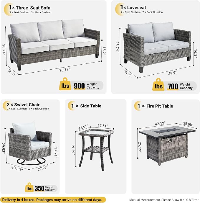 ovios 6 Pieces Patio Furniture Set with Rectangular Fire Pit Table, Swivel Rocking Chairs, Loveseat, Outdoor High Back Wicker Rattan Conversation Set for Deck Porch, Grey