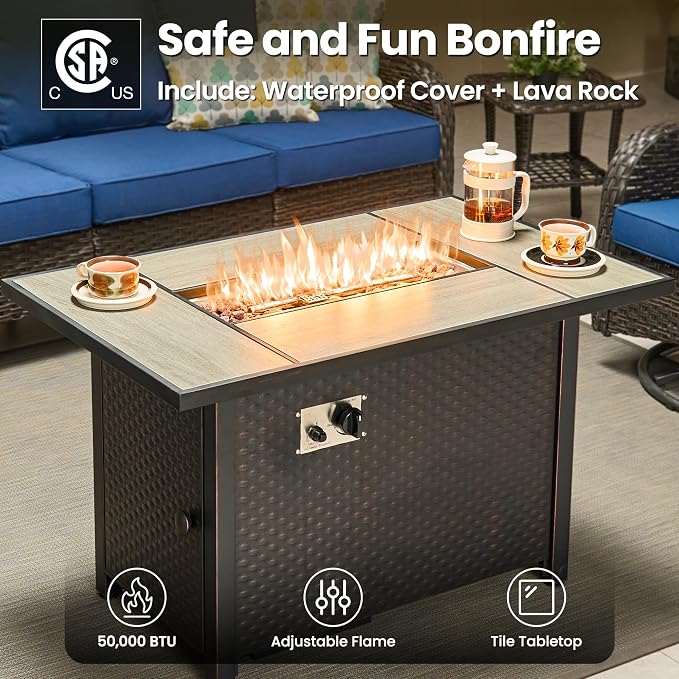 ovios 5-Piece Patio Furniture Set with Swivel Chairs Side Table, Outdoor Wicker Sofa with 42" Fire Pit Table, High Back Couch Modern Conversation Sets, Brown/Navy Blue