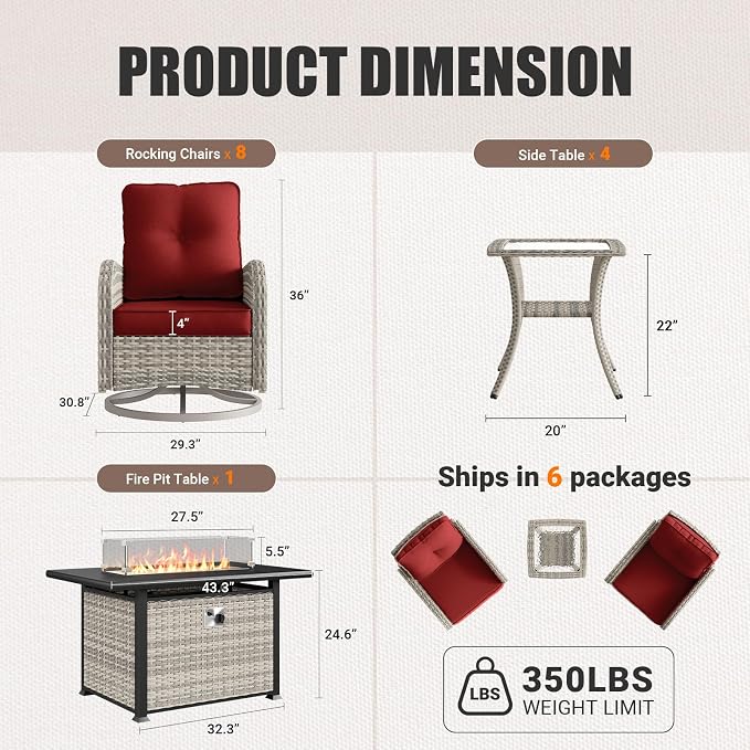 13Pcs Patio Rocking Swivel Chair with 55,000 BTU Fire Pit Table Outdoor Wicker Rattan Bistro Set with Tempered Glass Side Table, Patio Furniture Set for Garden and Balcony, Red