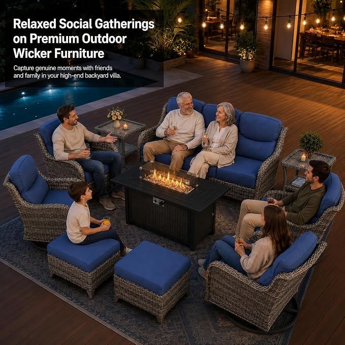 HUMMUH 10-Piece Wicker Swivel Rocker Patio Furniture Set with Fire Pit | 50,000 BTU fire pit, 6-inch 28D foam cushions, UV-proof PE wicker, Olefin fabric, 350lb weight capacity