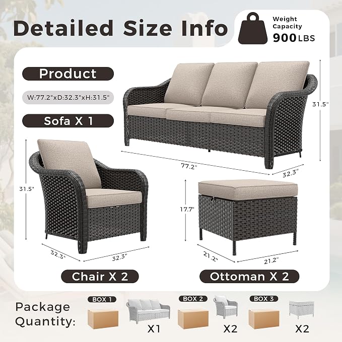 5 PCS Outdoor Conversation Set | 78" Couch, 2 Chairs, 2 Ottomans, Patio Wicker Conversation Furniture with Removable Cushions for Bistro, Deck, Sunroom (Beige)