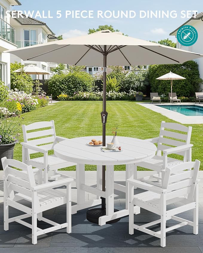 SERWALL 6-Piece Patio Dining Sets, HDPE Outdoor Table and Chairs Furniture Set with Umbrella, 45" Round Dining Table & 4 Dining Chairs & 1 9FT Umbrella, White(Not Include Umbrella Base)
