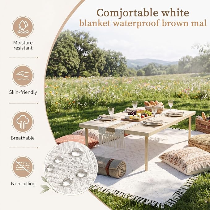 60" x 30" Boho Folding Picnic Table Set with Blanket and Runner, Extra Stable Low Wooden Table, Adjustable Height Portable Floor Seating for 4-6 People, Wedding Photoshoot Beach Camping Party