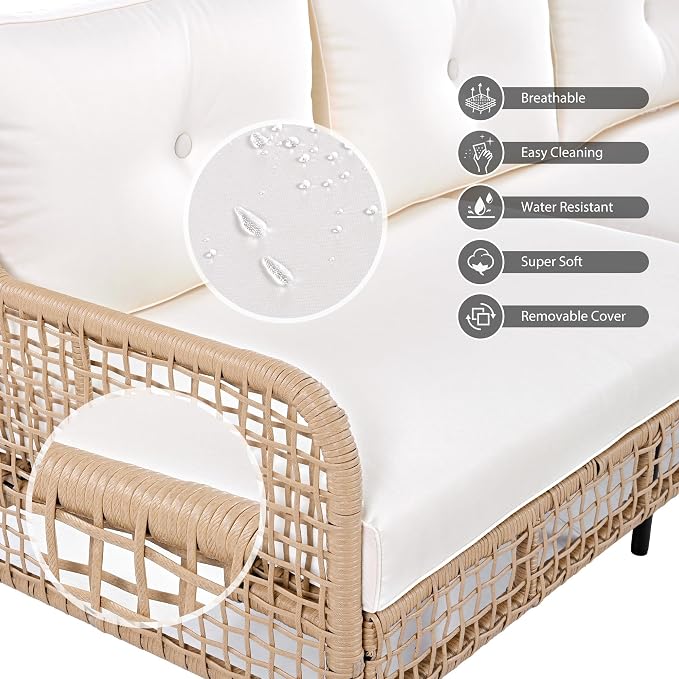JIVOIT 4 Pieces Patio Furniture Set, Rattan Outdoor Conversation Set with 1 3-Seater Sofa, 2 360°Swivel Rocking Chair and 1 Solid Wood Tabletop Coffee Table for Poolside Backyard Deck (Beige/264)