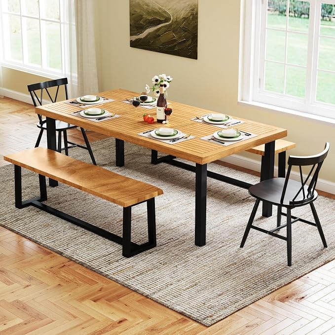 HAPPYGRILL Patio Dining Table for 8, 79" Large Rectangle Table with Acacia Wood Tabletop & Metal Legs, Outdoor Dining Table with 2" Umbrella Hole for Backyard, Lawn & Garden