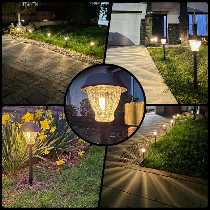 XMCOSY+ Solar Pathway Lights Outdoor, Warm White Landscape Lighting, 8 Pack | Crackled Glass Metal Garden Lights, IP65 Waterproof, Soft 2700K LED, Auto On/Off Landscape Lights for Path, Yard, Walkway