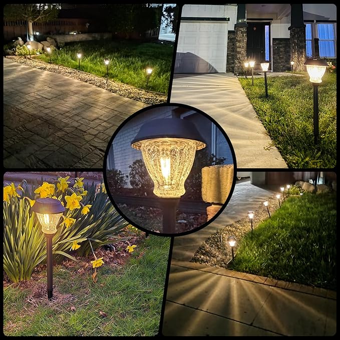 XMCOSY+ Solar Pathway Lights Outdoor, 6 Pack Warm White Landscape Lighting | Crackled Glass Solar Garden Lights, IP65 Waterproof, Soft 2700K LED, Auto On/Off Landscape Lights for Path, Yard, Walkway