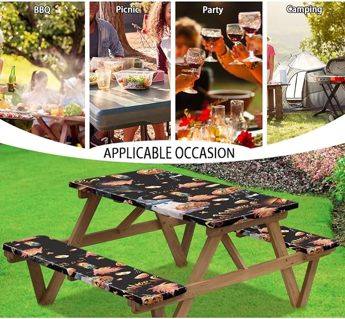 Halloween Picnic Table Cover with Bench Covers Ghost Pumpkin Outdoor Camping Essentials 3PCS Fitted Rectangle Table Covers for Family Gatherings Vacations BBQ Party