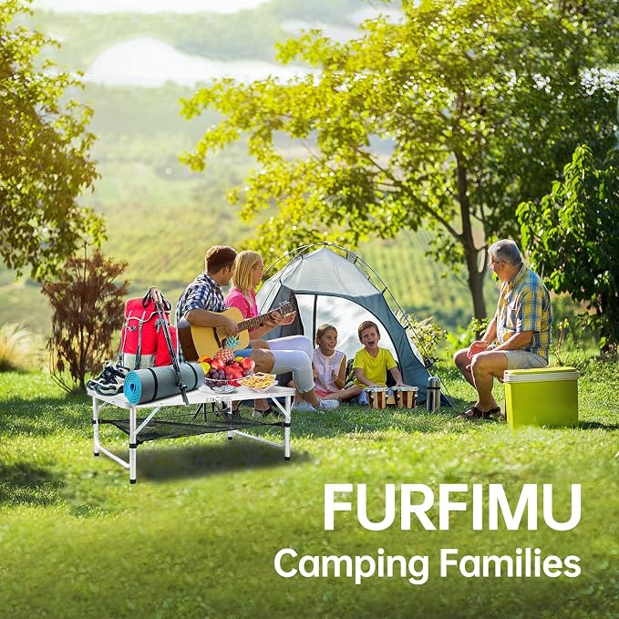 Medium Folding Table, 35" x 24" Portable Camping Table with 2 Adjustable Height Max 28", 3FT Foldable Table with Storage Net, White Metal Table for Patio, BBQ, Camping and Backpacking