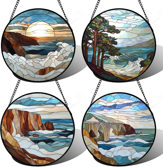 DASTOLL Stained Glass Window Hanging 4 Pcs Set Ocean Waves 6.3" - Blue and White Sea Suncatcher Door Garden Sun Catcher Decor Birthday Christmas for Mom Woman Nana Men