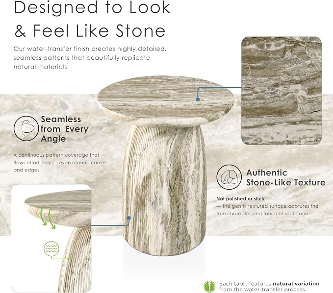 24/7 Shop at Home Ranera Modern 17-inch Natural Stone Side Table with Round Pedestal Base, Marble Nightstand, Fluted Patio End Table, for Living Room, Covered Outdoor Spaces, Balcony, Gray Travertine