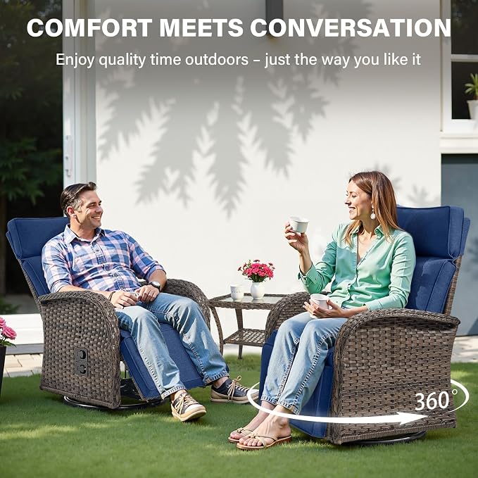 Belord Swivel Outdoor Recliner Chair Set of 2 - Patio Reclining Chair with Adjustable Backrest and Footrest, All-Weather Wicker Chaise Lounge Chair Outdoor for Pool Deck Brown (Upgraded 2.0)