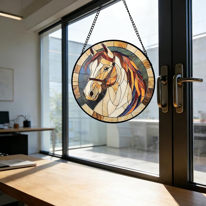 DASTOLL Stained Glass Window Hanging, Animal Horse Colored Mane Sun Catchers Glass Panel Cool Suncatcher Decor for Birthday for Women, Men, Wife, Aunt, and Mom 14.9x14.9 in