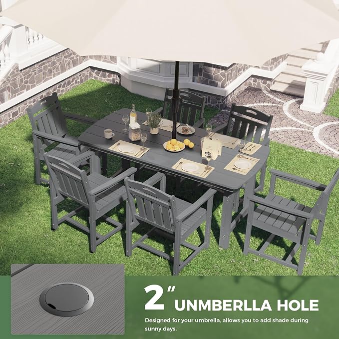 HDPE Outdoor Patio Dining Set with Table & 6 Chairs, All-Weather 7-Piece Outdoor Table and Chairs, 2" Umbrella Hole, Patio Furniture for Garden, Backyard, Deck | Grey