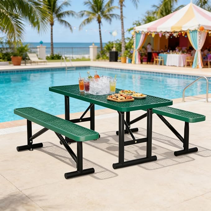 6FT Outdoor Metal Picnic Table with 2 Benches,Heavy Duty Rectangular Picnic Table Set for Outside, Waterproof Commercial Restaurant Table Furniture for Park, Campfield, Patio, Garden, Yard