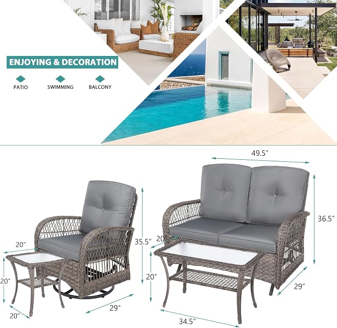 MEETWARM 5 Pieces Outdoor Patio Rattan Furniture Sets, All Weather Patio Wicker Conversation Set - 2 Rocking Swivel Chairs 1 Rattan Loveseat Glider w/Cushions, 2 Glass-Top Coffee Table, Gray