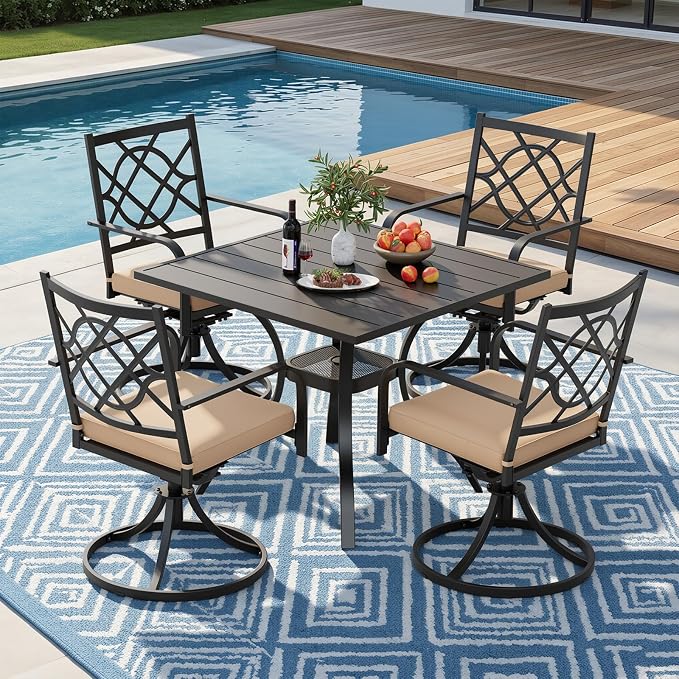 Oakcloud 5-Piece Metal Outdoor Patio Furniture Outdoor Dining Set, 4 Metal Swivel Chairs and Square Dining Table with Umbrella Hole