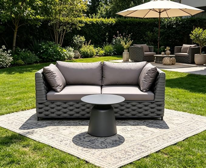 TWT 3-Piece Outdoor Conversation Set, Woven Rope Patio Sofa & Table in Gray. Quick assembly, water-resistant easy-clean cushions. Weather resistant and space-saving, great for indoor & outdoor spaces.