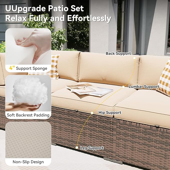 Aoxun Patio Furniture Set, 7 Piece Outdoor Sectional Sofas with Waterprool Cover, Wicker Rattan Outdoor Furniture Patio Conversation Set for Backyard, Garden (Brown Rattan Beige Cushions)