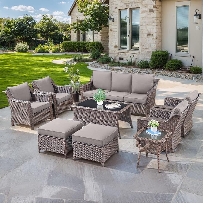 Outdoor Patio Furniture Set-Rattan Wicker Coversation Set with High Back Couch Swivel Glider Chair with Ottomans Outdoor Furniture for Porch Garden Backyard Poolside-Brown/Grey