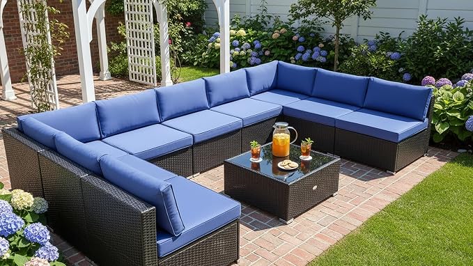 Tangkula 10 Pieces Patio Sofa Set, Outdoor Wicker Conversation Set with Soft Cushions, Tempered Glass Tabletop, Sofa Fastener Clips Included, Rattan Furniture Set for Backyard, Poolside (Navy)