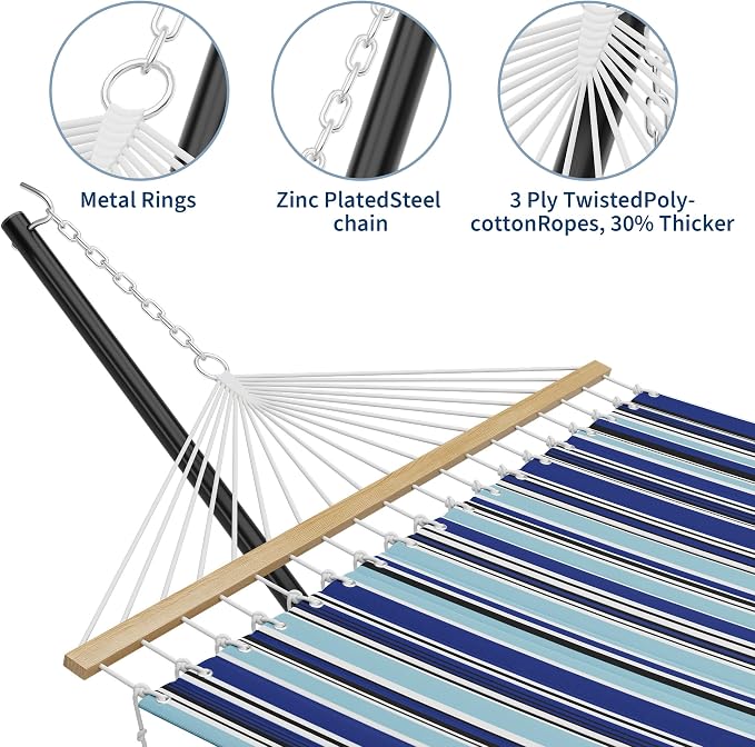 Double Hammock with Stand, Outdoor Freestanding Hammock for Two People, Max 475lbs Capacity, Heavy Duty Steel Frame, Quilted Pillow & Portable Carry Bag, Easy Assembly, Navy Blue Stripes