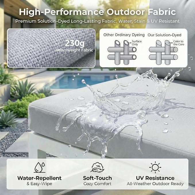 RADIATA 6 Person Large Modern Aluminum Outdoor Patio Furniture Set with Fireplace, 29" Wide Deep Seating, U Shaped Combo Sectional Couch, Water Resistant Conversation Set for Backyard Terrace, White