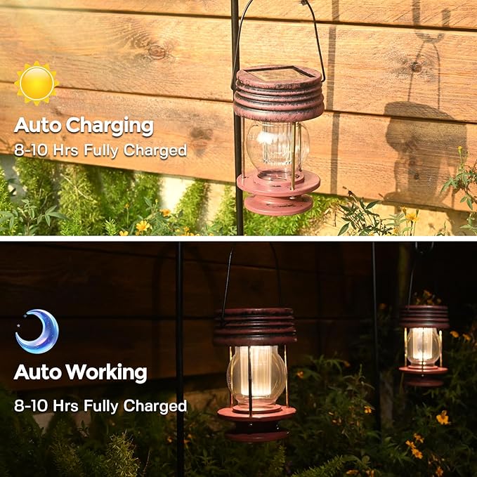 Solar Lanterns Outdoor Patio Decor, 2 Pack Hanging Solar Lights Waterproof, Retro Decorative Table Lamps with Warm Glow for Porch, Yard, Garden, Pathway & Backyard Decoration