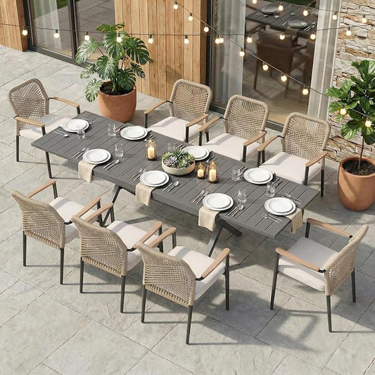 SUNSITT 9 Piece Outdoor Patio Dining Set, 65" - 107" Metal Expandable Outdoor Dining Table with X-Shape Legs, 8 Woven Wicker Patio Chairs w/WPC Armrests for Garden, Dark Grey