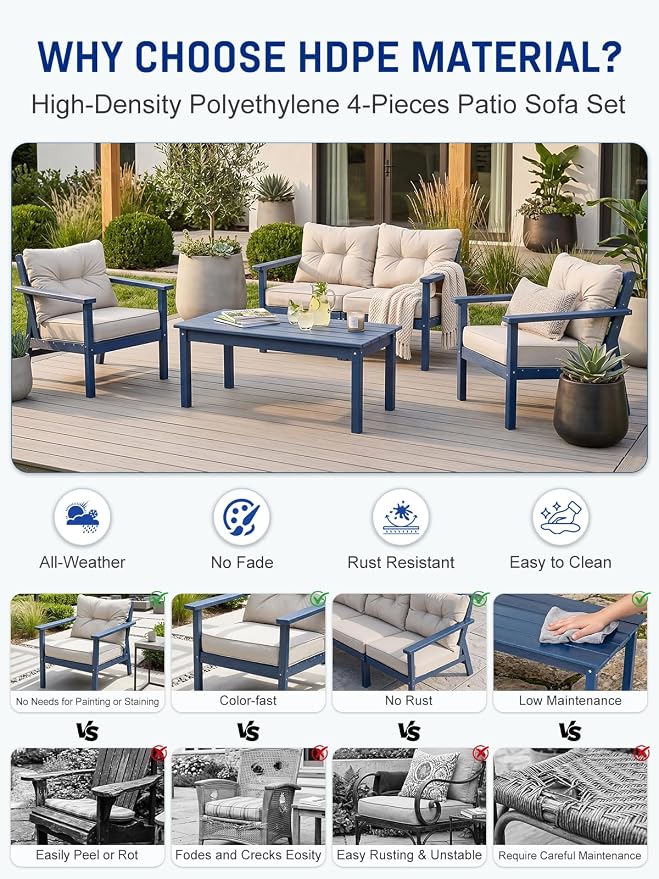 2 Seat Chair Set, HDPE Patio Conversation Set, Outdoor Patio Furniture | Water-Resistant Thick Cushion, HDPE All Weather, Wood-Grain, No Rot or Rust or Crack, UV Fade Shield, Easy-Clean for Outside