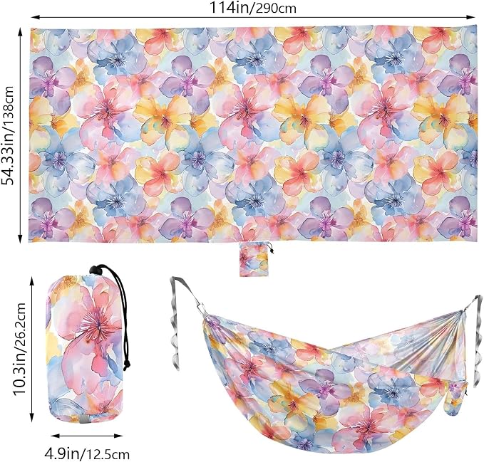 Camping Hammock Outdoor Hammocks for Outside Watercolored Flower Beach Trees Portable Lightweight with Pockets Tree Straps Indoor Small