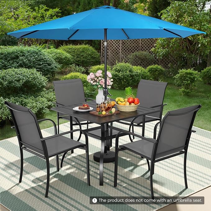 Incbruce 6 Pieces Patio Dining Set with Sky Blue Umbrella, Outdoor Dining Set of 4 Textilene Chairs and Square Table with Umbrella Hole for Backyard, Garden, and Poolside (Grey)