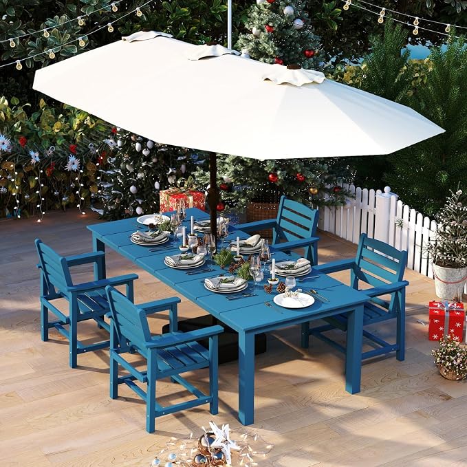 5-Piece Outdoor Dining Set with 15FT Umbrella for 4,Navy Blue | 75.2'' HDPE table, chairs included, weather-resistant furniture with hole, ideal for lawn, poolside, yard, garden, deck