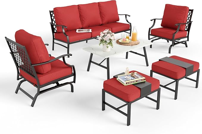 MIXPATIO Patio Furniture Set 6 pcs, Outdoor Patio Furniture, 3-Seat Sofa, 2 Rocking Chairs, 2 Ottomans, Coffee Table and 5.75" Extra Thick Cushion, Conversation Set for Backyard Deck, Red