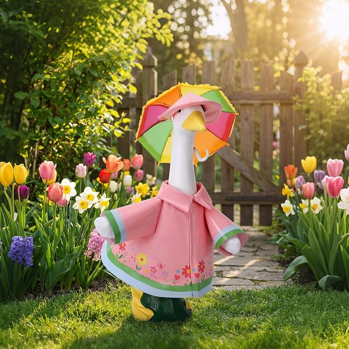 DECOHS 3 Pcs/Set Raincoat Porch Goose Outfits, Summer Lawn Goose Statue Raincoat Costume, Yard Goose Clothes Raincoats Umbrella Hat Outfit for 23" Statue Patio Garden Decoration (Pink)
