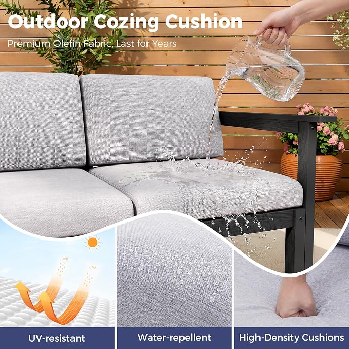 Modular Outdoor Patio Conversation Set, 3-Piece HIPS Chairs with Side Table & Thick Cushions– Side Interlock & Detachable Armrest, All-Weather Patio Furniture Set for Backyard, Deck, Poolside
