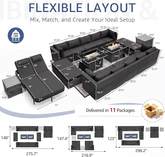 NICESOUL 20 Piece Outdoor Patio Furniture Set with Fire Pit, Large Size 16-Person Outdoor Sectional with Fire Pit & Chaise Lounge, 500 lbs Heavy Duty All-Weather Backyard Sitting Group, Charcoal Gray