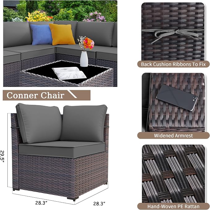 Kurapika 9 Pieces Patio Furniture Set, Rattan Sofa Set, Outdoor Conversation Sets w/Swivel Rocking Chairs Patio Sectional Sofa w/4 Inch Cushion, Grey