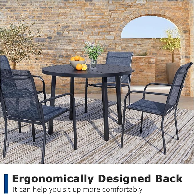 9 Pieces Patio Dining Set for 8, Dark Blue Patio Stackable Chairs and Black Round Table Set of 8, Outdoor Furniture Set with Sling Support for Outside, Garden