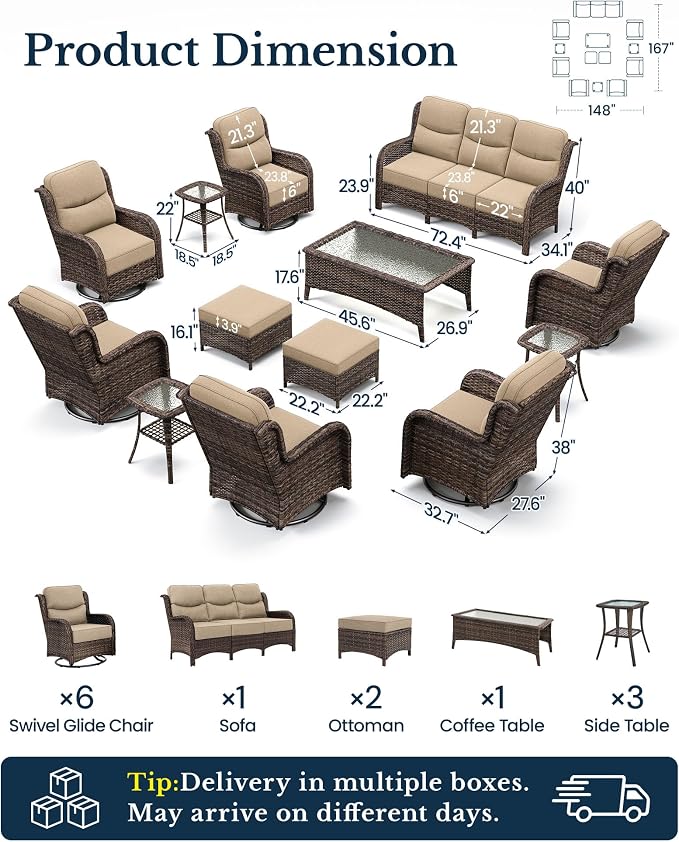 HILLGA Luxury Outdoor Patio Furniture Set with 6-Inch Thick Cushions, High Back Wicker Swivel Rocker Chairs, 13 Pcs All Weather Conversation Set for Large Deck, Yard and Poolside, Beige (V3)