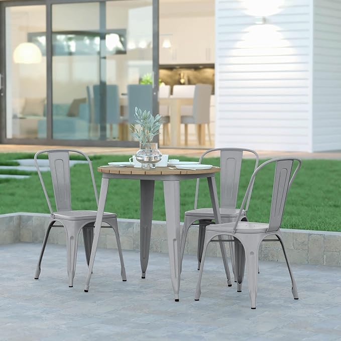 EMMA + OLIVER Drew Dining Table - Brown 30" Round Poly Resin Table Top - Silver Steel Base - All-Weather for Indoor/Outdoor Use