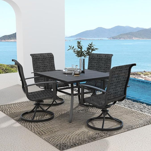 Grand patio Outdoor Dining Set of 5, Outdoor Table and Chairs Set, 4 Padded Mesh Sling Swivel Rocker Patio Chair & 36'' x36'' Square Dining Table(1.5'' Umbrella Hole), Black & Grey Plaid
